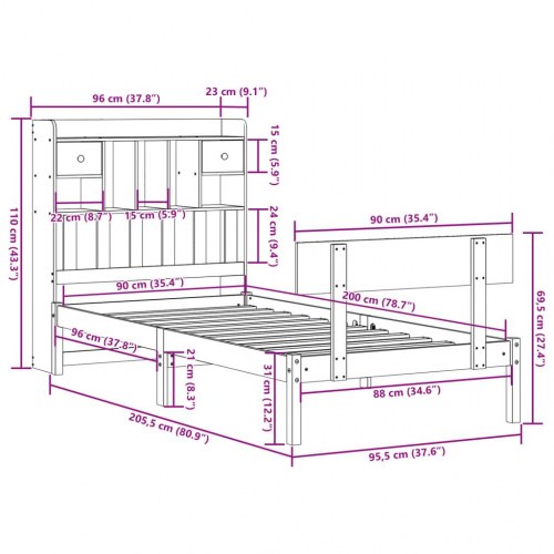 Seng med reol uden madras 90x200 cm - massivt fyrretræ