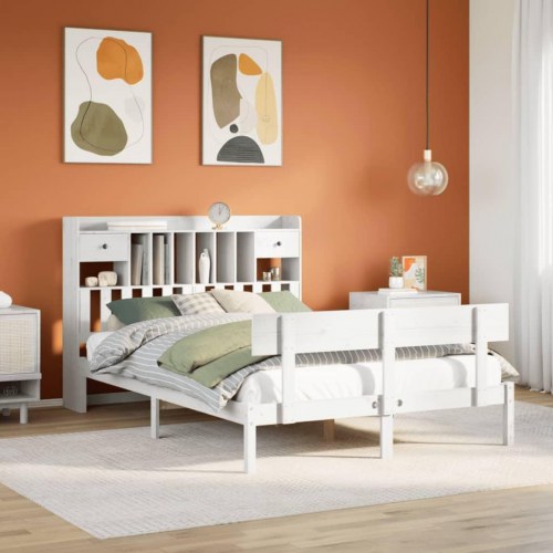 Seng med reol 150x200 cm - massivt fyrretræ, hvid