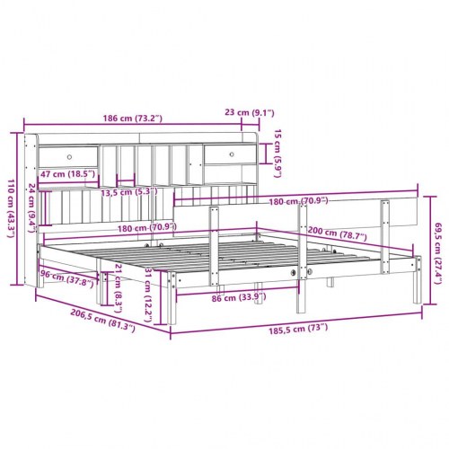 Seng med reol 180x200 cm i massivt fyrretræ - uden madras