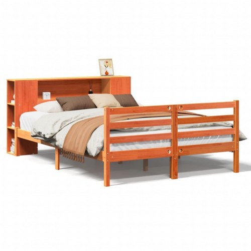 Seng med reol uden madras 135x190 cm i massivt fyrretræ gyldenbrun