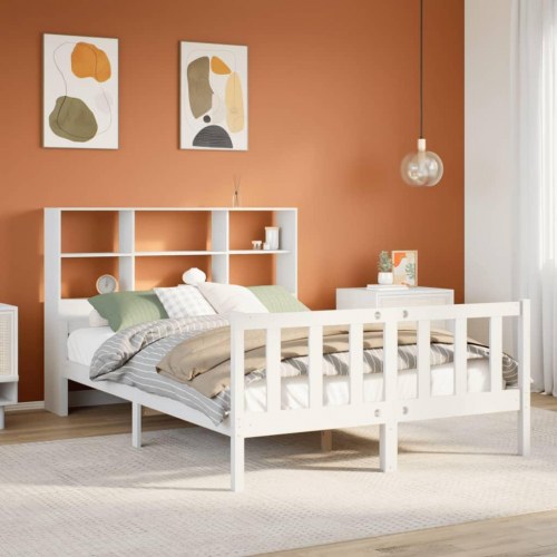Seng med reol 160x200 cm - massivt fyrretræ, hvid