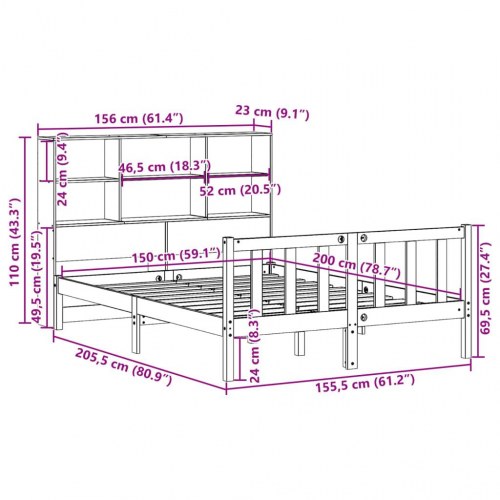 Seng med reol uden madras 150x200 cm massivt fyrretræ