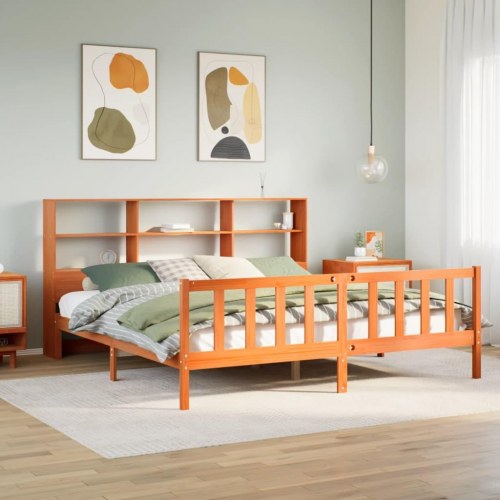 Seng med reol uden madras 180x200 cm i massivt fyrretræ gyldenbrun