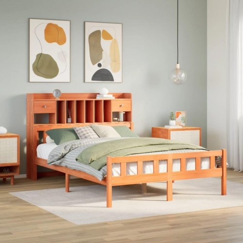 Seng med reol 160x200 cm - massivt fyrretræ, gyldenbrun