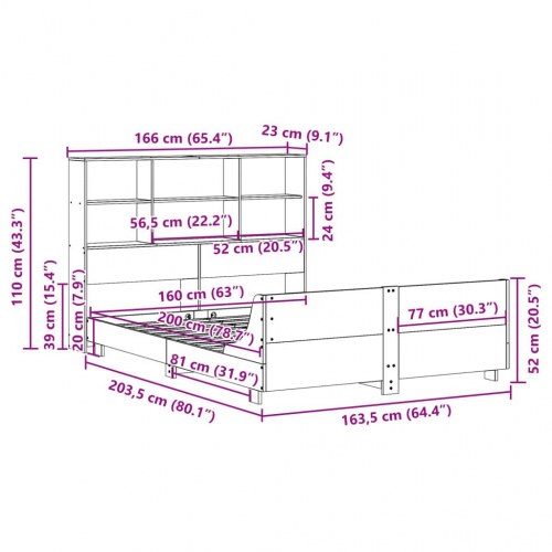 Sengeramme 160x200 cm med sengegavl og opbevaring - massivt fyr, hvid