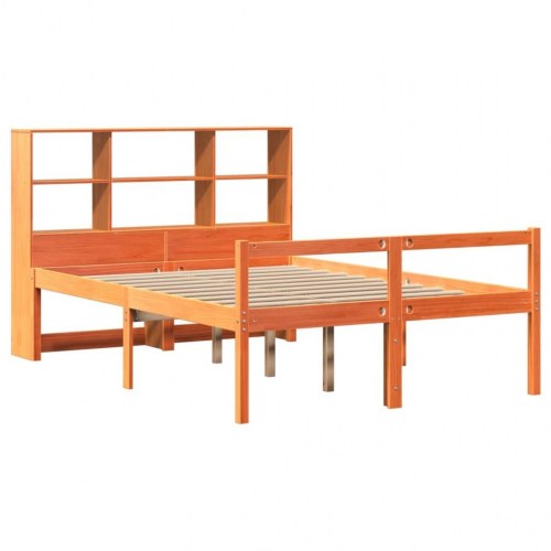 Seng med reol uden madras 135x190 cm - massivt fyrretræ, gyldenbrun