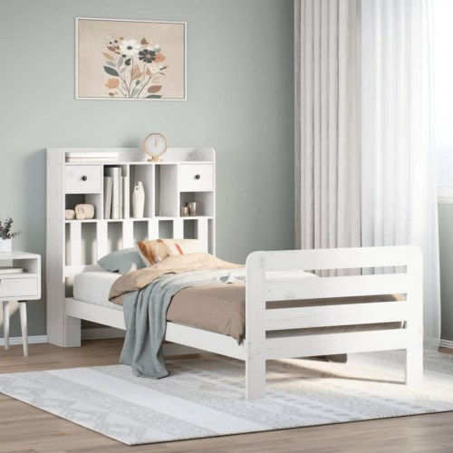 Seng med reol uden madras 90x200 cm massivt fyrretræ hvid