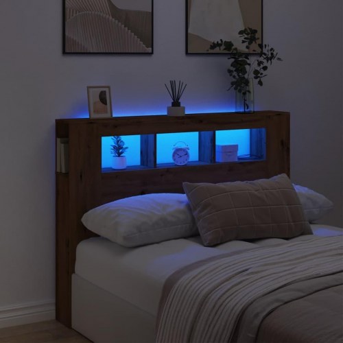 Sengegavl med LED-lys og hylder 140×18,5×103,5 cm - kunsteg