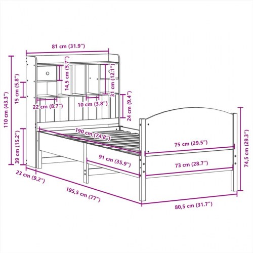 Seng med reol 75×190 cm - massivt fyrretræ, hvid (uden madras)