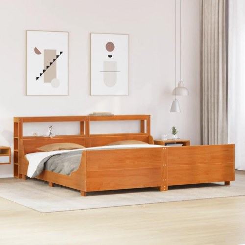 Sengeramme 200x200 cm i massivt fyrretræ - gyldenbrun med hylder