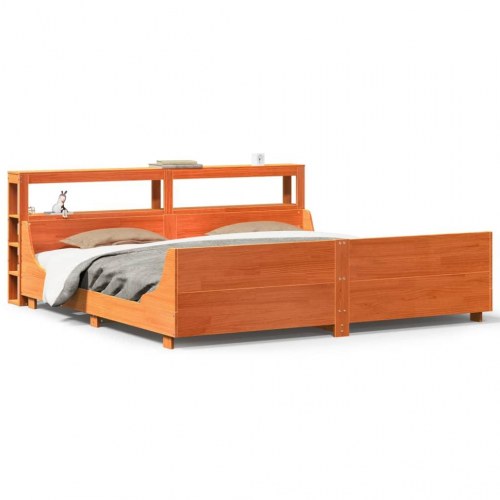 Sengeramme 200x200 cm i massivt fyrretræ - gyldenbrun med hylder