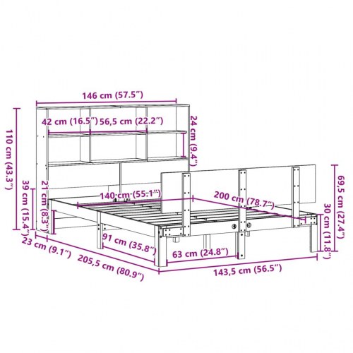 Seng med reol uden madras 140x200 cm - massivt fyrretræ, hvid