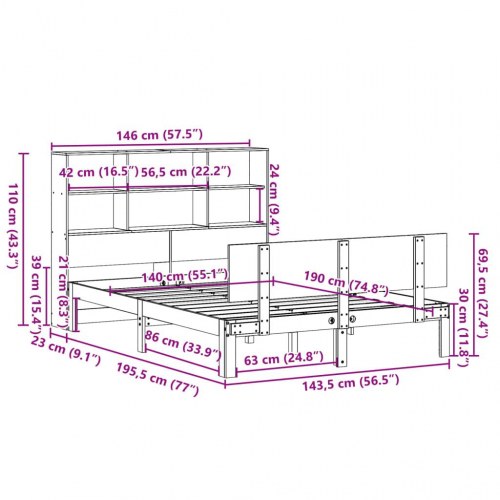 Seng med reol uden madras 140x190 cm massivt fyrretræ hvid