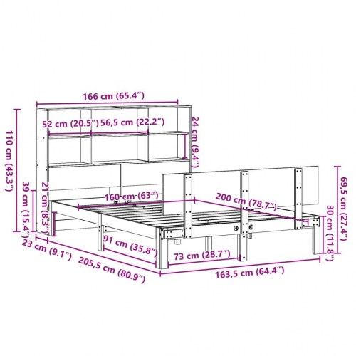 Seng med reol 160x200 cm i massivt fyrretræ - hvid