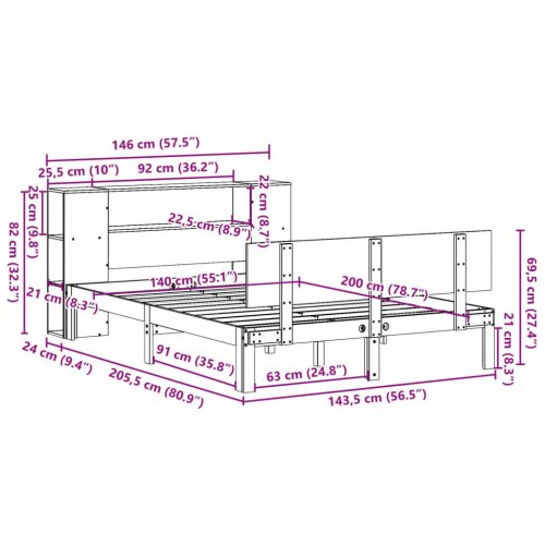 Seng med reol 140x200 cm - massivt fyrretræ, hvid