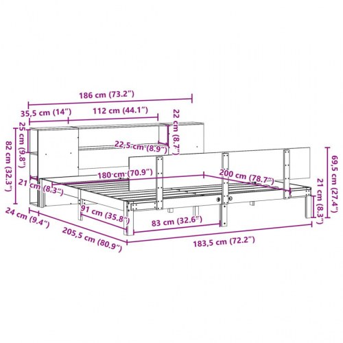 Seng med reol uden madras 180x200 cm massivt fyrretræ