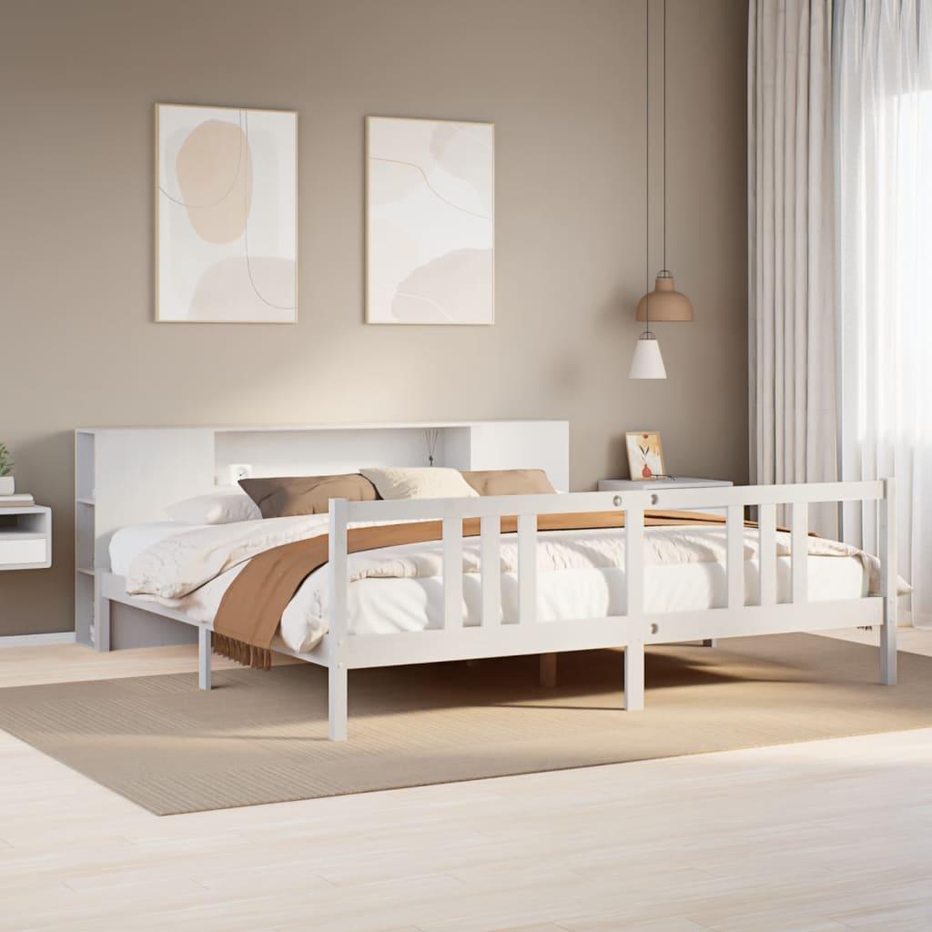 Seng med reol uden madras 200x200 cm massivt fyrretræ hvid