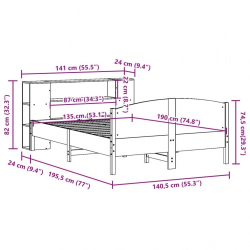 Seng med reol 135x190 cm - massivt fyrretræ, lamelbund