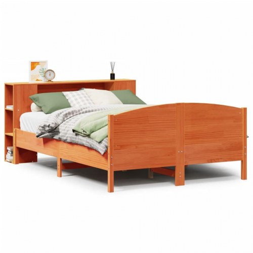 Seng med reol 135x190 cm - massivt fyrretræ, gyldenbrun