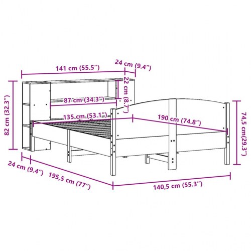 Seng med reol 135x190 cm - massivt fyrretræ, gyldenbrun