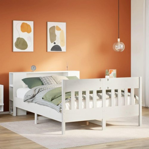 Seng med reol 135x190 cm - massivt fyrretræ, hvid