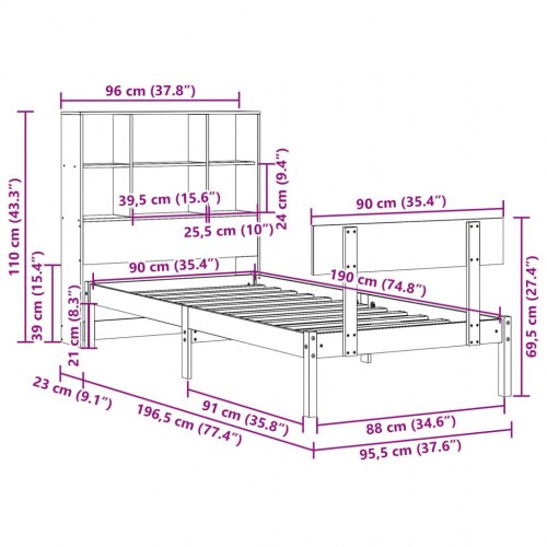Seng med reol uden madras 90x190 cm massivt fyrretræ