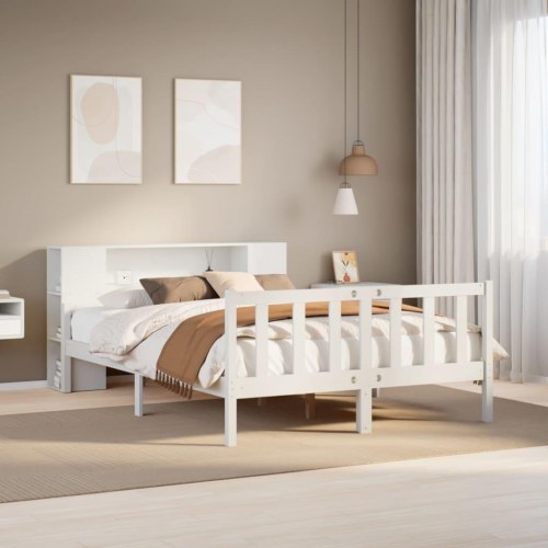 Seng med reol 160x200 cm - massivt fyrretræ, hvid