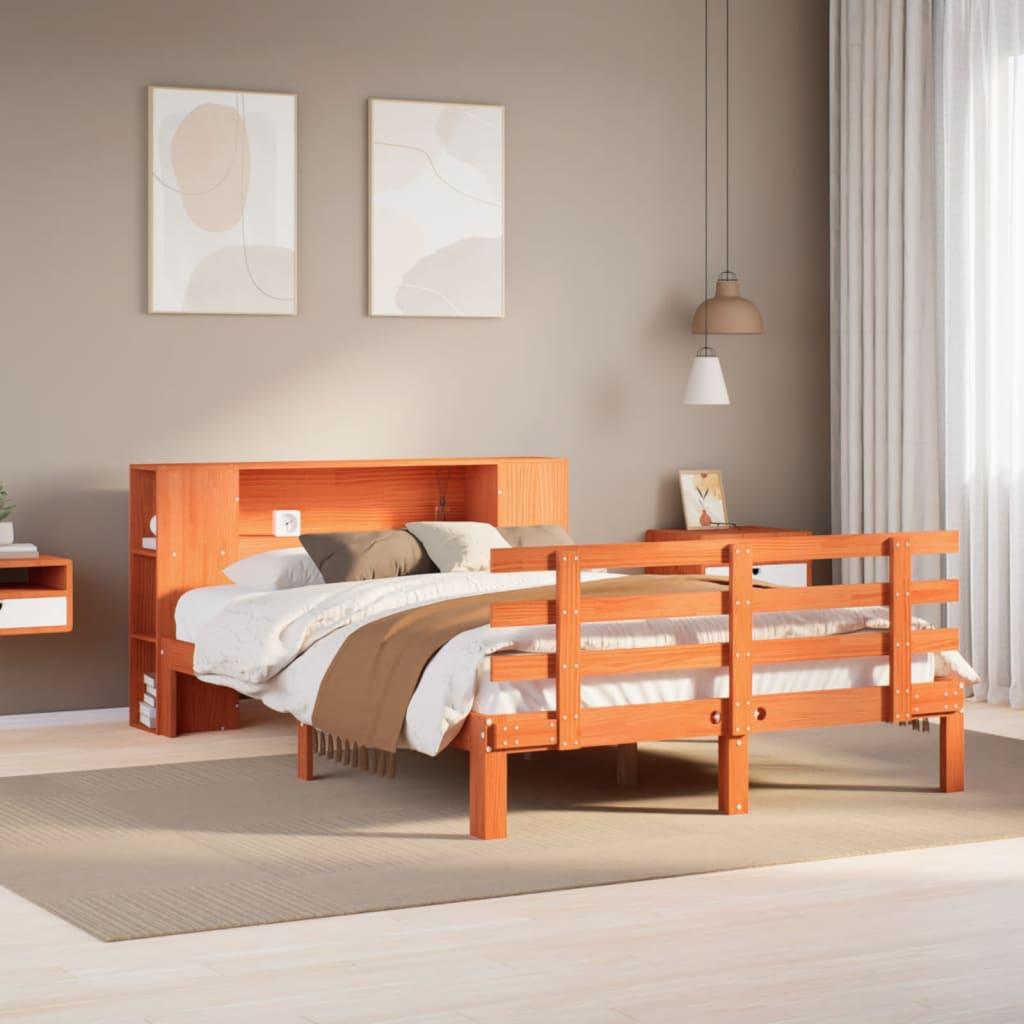 Seng med reol uden madras 140x190cm massivt fyrretræ gyldenbrun