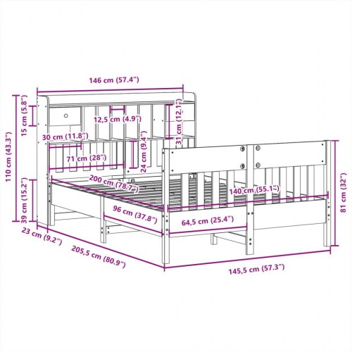 Sengeramme 140x200 cm i massivt fyrretræ - hvid med opbevaring