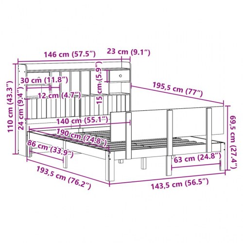 Seng med reol uden madras 140x190 cm massivt fyrretræ