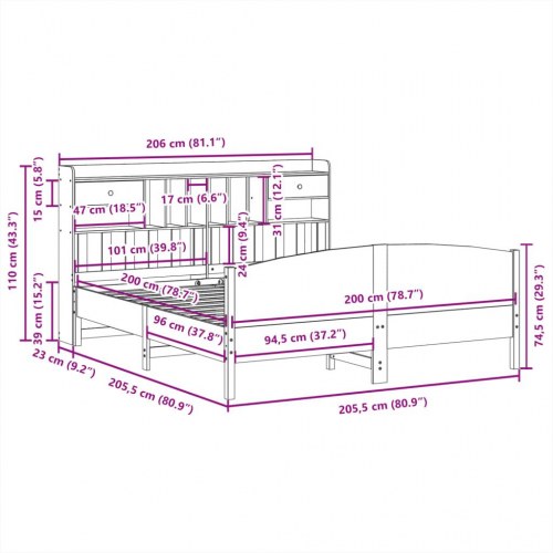 Seng med reol uden madras 200x200 cm massivt fyrretræ