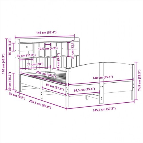 Seng med reol 140x200 cm - massivt fyrretræ, hvid (uden madras)
