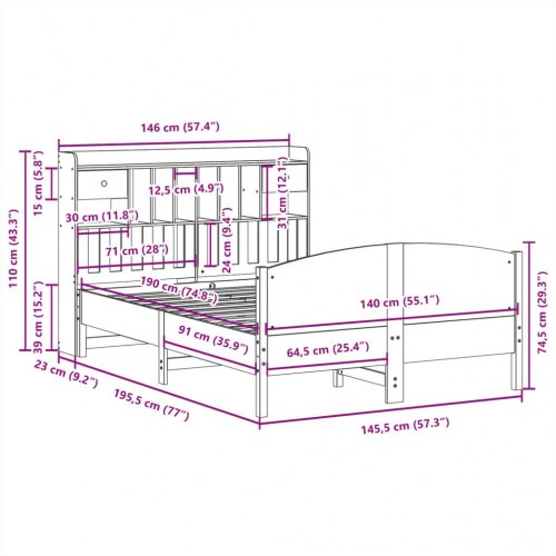 Seng med reol 140x190 cm - massivt fyrretræ, hvid