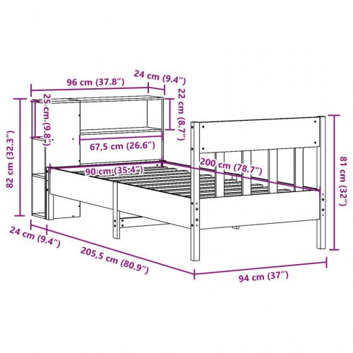 Seng med reol uden madras 90x200 cm massivt fyrretræ gyldenbrun