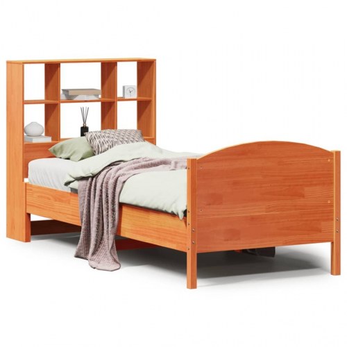 Seng med reol uden madras 90x190 cm massivt fyrretræ gyldenbrun