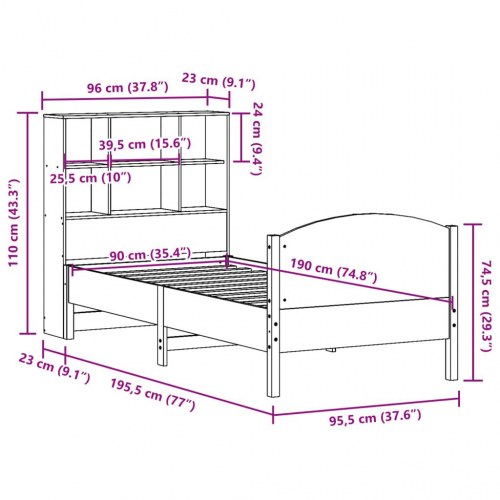 Seng med reol uden madras 90x190 cm massivt fyrretræ gyldenbrun