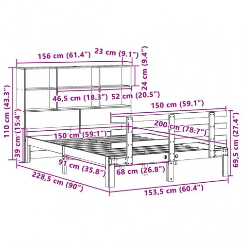 Seng med reol uden madras 150x200 cm massivt fyrretræ hvid