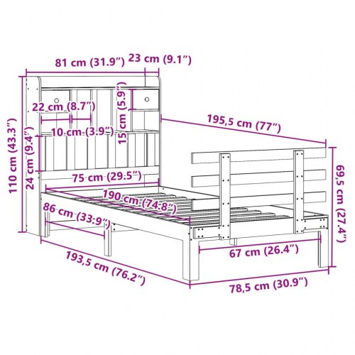 Seng med reol uden madras 75×190 cm - massivt fyrretræ, hvid