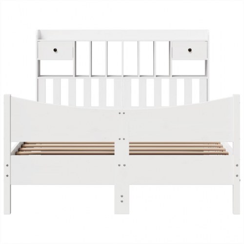 Sengeramme 160x200 cm i massivt fyrretræ - hvid med sengegavl og opbevaring