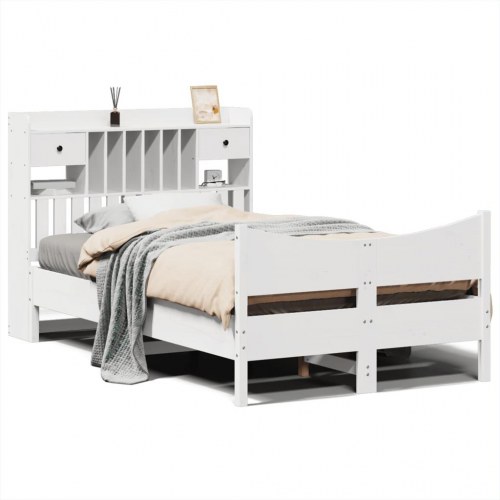 Sengeramme 135x190 cm i massivt fyrretræ - hvid med opbevaring
