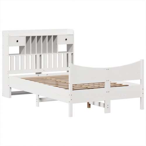 Sengeramme 135x190 cm i massivt fyrretræ - hvid med opbevaring