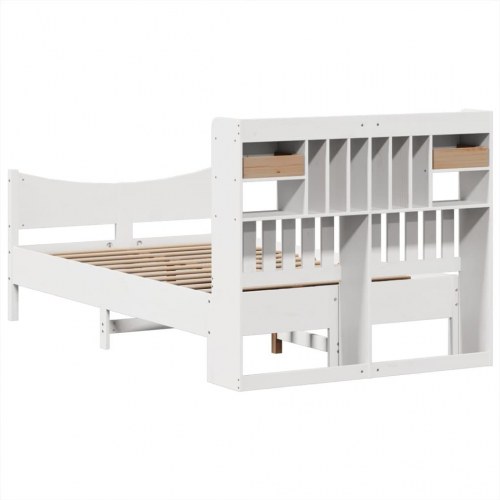 Sengeramme 135x190 cm i massivt fyrretræ - hvid med opbevaring