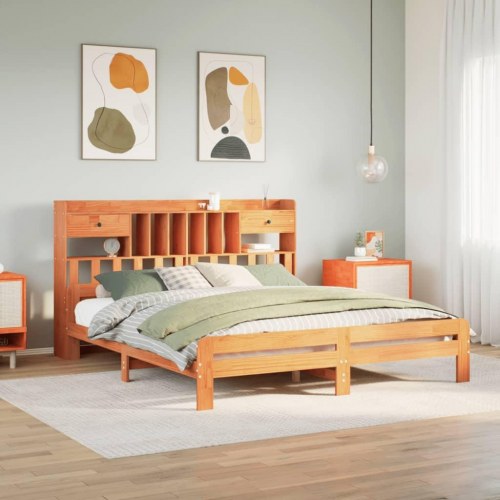 Seng med reol uden madras 200x200cm massivt fyrretræ gyldenbrun