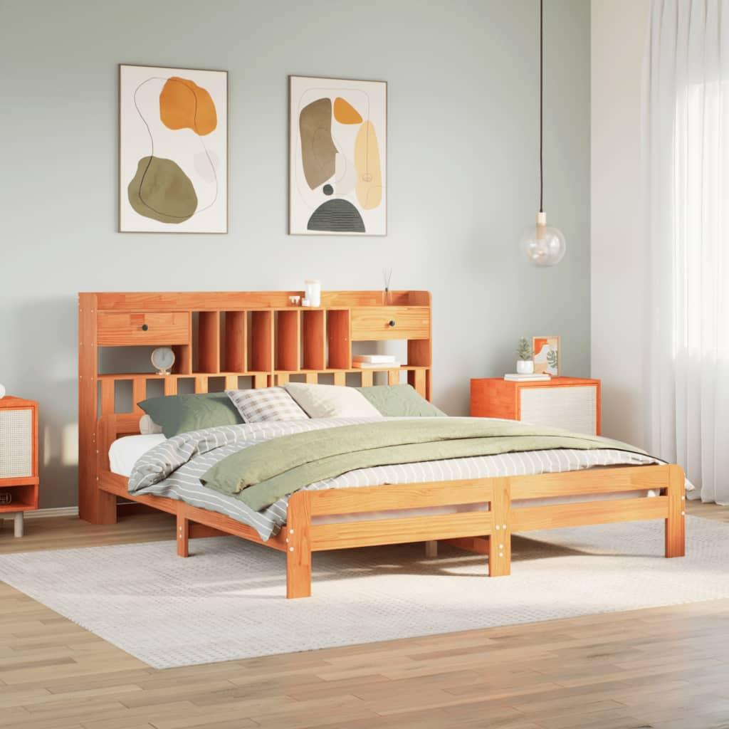 Seng med reol uden madras 200x200cm massivt fyrretræ gyldenbrun