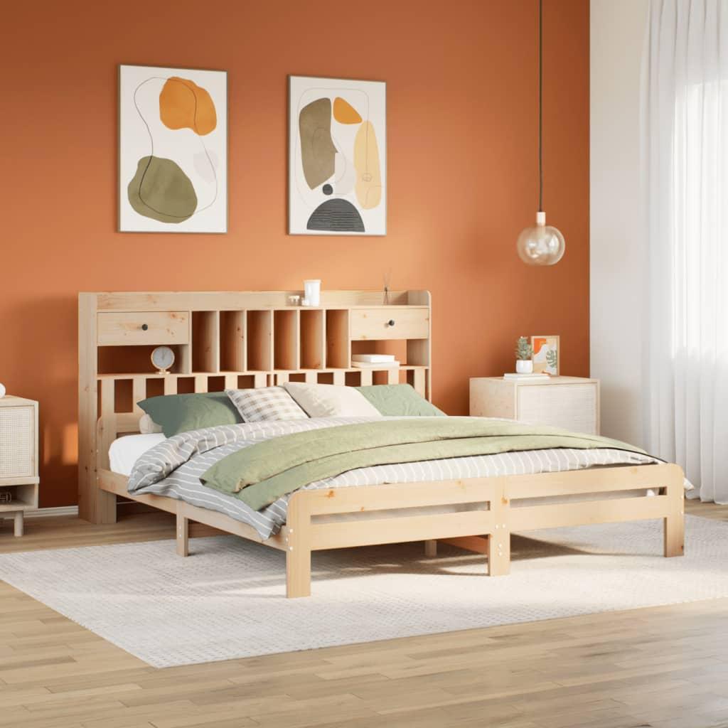 Seng med reol uden madras 200x200 cm massivt fyrretræ