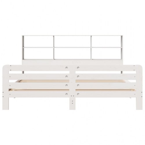 Sengeramme 180x200 cm i massivt fyrretræ - hvid med sengegavl og opbevaring