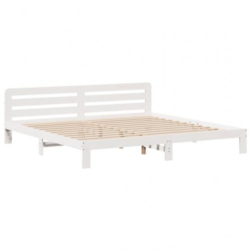 Sengeramme 180x200 cm i massivt fyrretræ - hvid med sengegavl og opbevaring