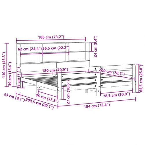 Sengeramme 180x200 cm i massivt fyrretræ - hvid med sengegavl og opbevaring