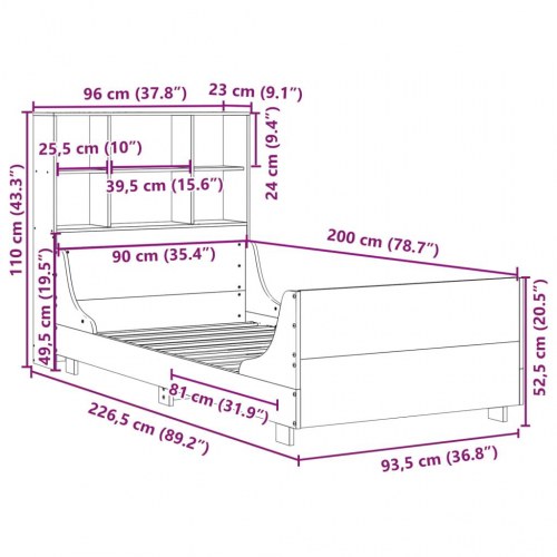 Seng med reol uden madras 90x200 cm massivt træ gyldenbrun