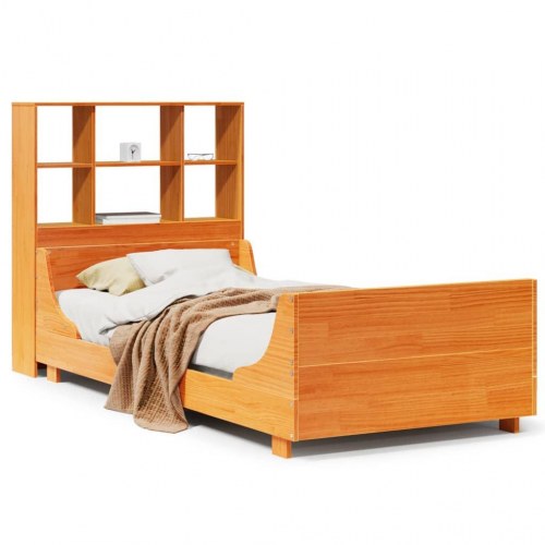 Seng med reol uden madras 90x190 cm massivt træ gyldenbrun